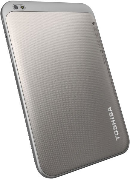 Toshiba tablet, rear angled view shows silver textured back, rear camera, and Toshiba logo near the bottom. Model not specified.