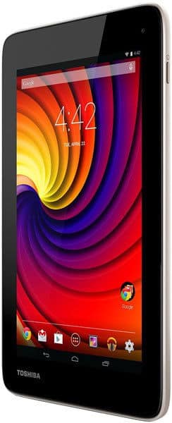 Toshiba tablet, front angled view, shows colorful spiral wallpaper and app icons on home screen; time displayed is 4:42.