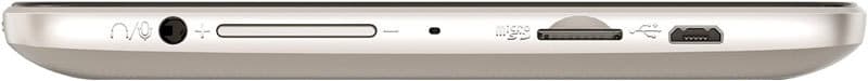Side close-up of tablet with headphone jack, power input, memory slot, USB port, status light, and mini DisplayPort; metallic finish.