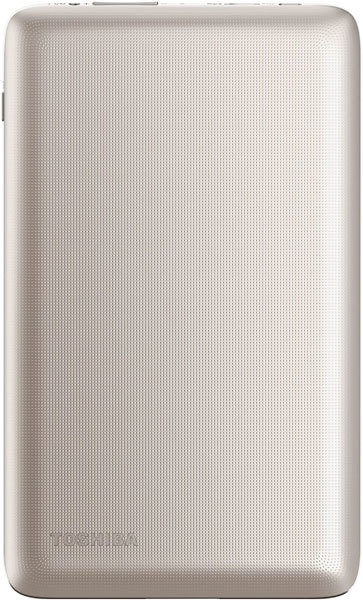 Transcend portable hard drive with textured finish sits next to a front-facing tablet; tablet brand/model not specified.