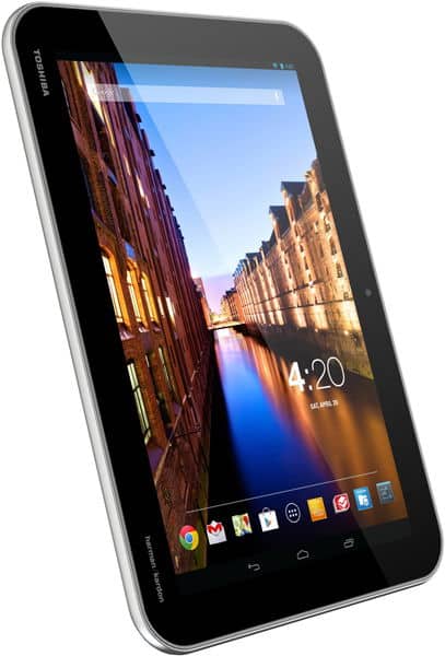 Toshiba tablet, likely Excite series, front angled view; urban canal wallpaper, app icons, 4:20 time, black bezel, silver edge.