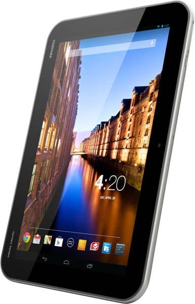 Samsung Galaxy Tab, front angled view, showing canal scene wallpaper, time 4:20, and app icons on black-bezel display.