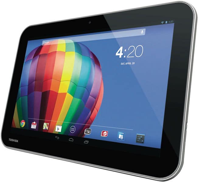 Front view of a Toshiba tablet showing home screen with hot air balloon wallpaper, app icons, and 4:20 on the clock.