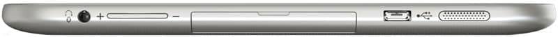 Left side close-up of silver tablet chassis showing headphone jack, volume buttons, SD slot, USB port, and VGA port.
