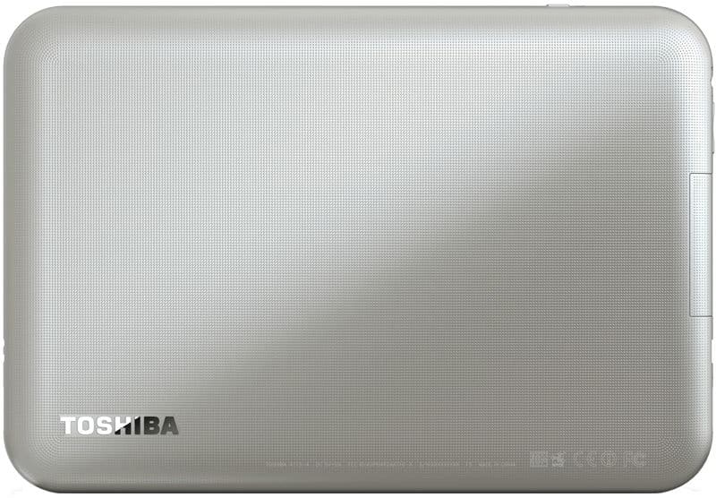 Front view of a silver Toshiba external hard drive with smooth edges and Toshiba logo in white at the lower left corner.