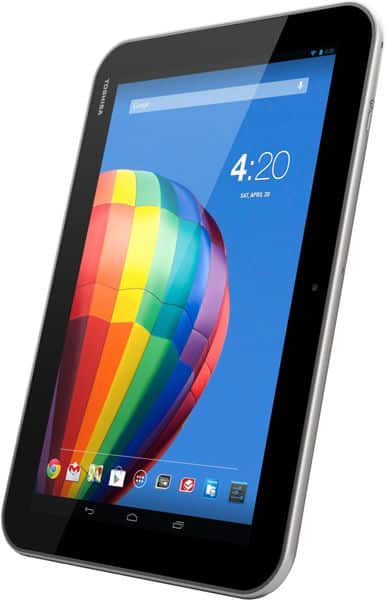 Front view of Toshiba tablet with silver edge, hot air balloon wallpaper, 4:20 time, and app icons along the bottom of screen.