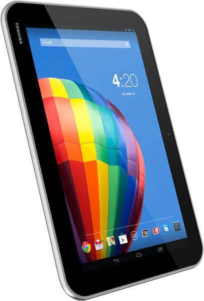 Toshiba tablet front view at slight angle, screen shows hot air balloon wallpaper, 4:20 time, and app icons at bottom.