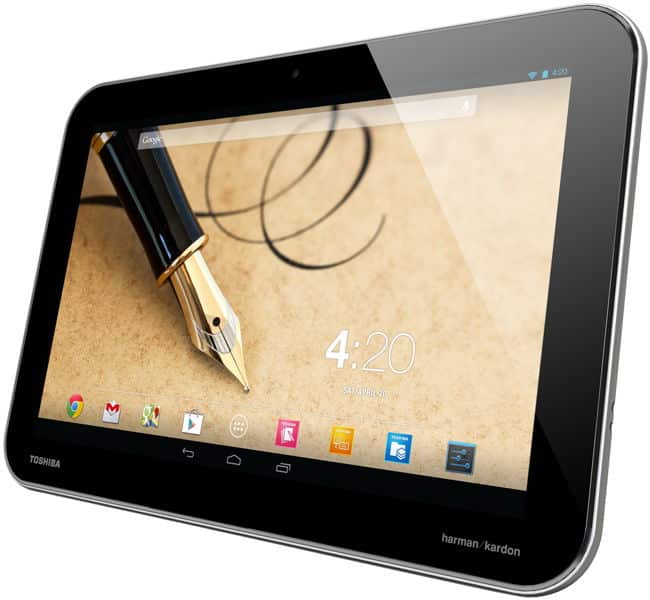Front view of Toshiba tablet showing home screen, app icons, and fountain pen wallpaper; time 4:20, date September 25.