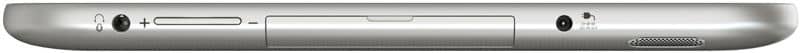 Top edge close-up of silver tablet with power button, headphone jack, volume buttons, slot cover, and speaker grille.