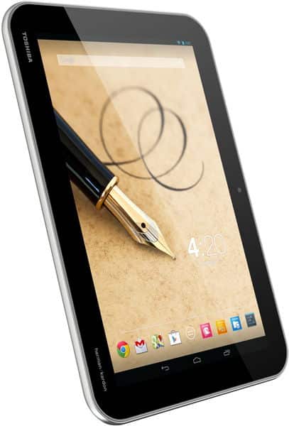 Front view of black Toshiba tablet, screen on with fountain pen wallpaper, app icons at bottom, and time displayed as 4:20.