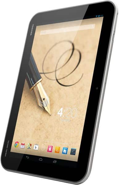 Front view of silver tablet, black screen on, showing 4:20 time, fountain pen art, and app icons; brand/model not specified.