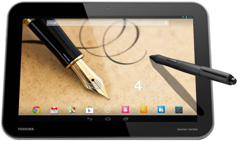 Front view of Toshiba tablet showing writing app, digital pen on display, stylus at right, and app icons at bottom of screen.