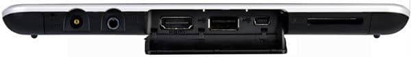 Rear view of [Brand/Model] tablet showing open flap with HDMI, Ethernet, audio ports, memory card slot, and connectors exposed.