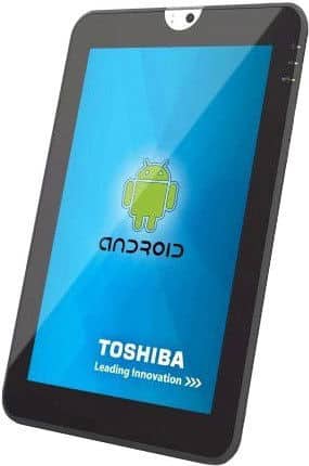 Front view of a black Toshiba tablet showing Android startup screen with logo, "ANDROID," and "TOSHIBA Leading Innovation.