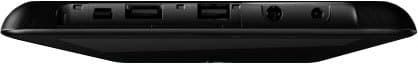 Top edge close-up of a black tablet showing USB ports, memory card slot, and headphone jack; brand/model not identifiable.