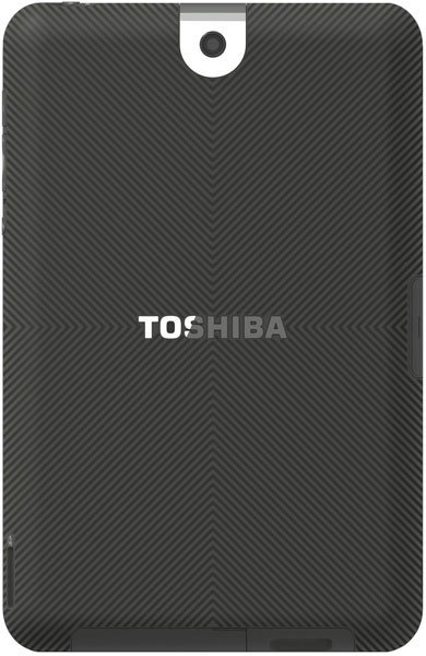 Rear view of black Toshiba tablet, chevron-textured back, centered top camera, white Toshiba logo in middle. Model unspecified.