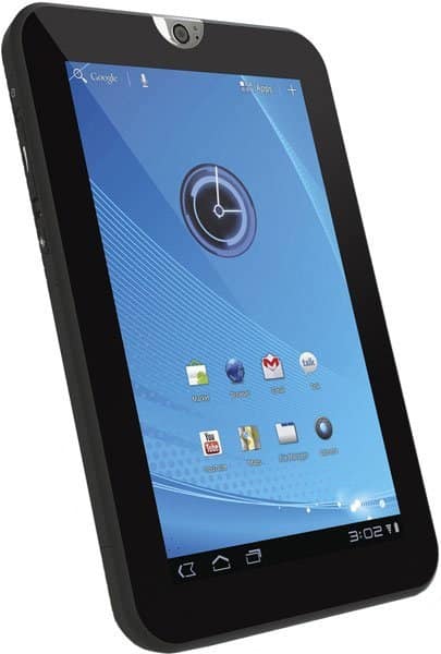 Black tablet, front view angled left, shows blue home screen with app icons and clock at 3:02; brand/model not shown.
