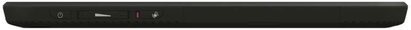 Side view of black tablet (brand/model not specified) with visible power button, battery indicator, and wireless signal switch.
