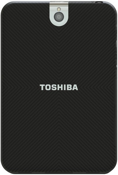 Rear view of black Toshiba tablet with textured back, centered top rear camera, and white "TOSHIBA" logo in the middle.