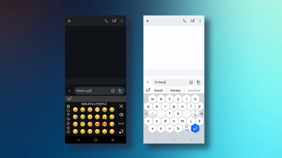 Front view: Two smartphones show Android keyboards—left has a dark emoji layout, right displays a light theme with "Hi there!" typed.
