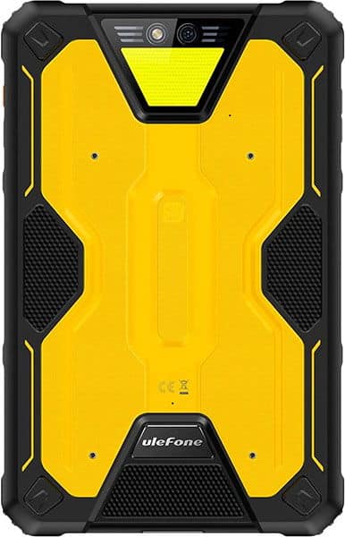 Rear view of rugged yellow and black Ulefone tablet with textured grips, top camera and flash, and "uleFone" branding at the bottom.