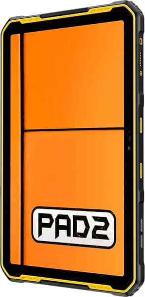 PAD2 rugged tablet, angled side view; black body with yellow accents and reinforced corners for enhanced durability.