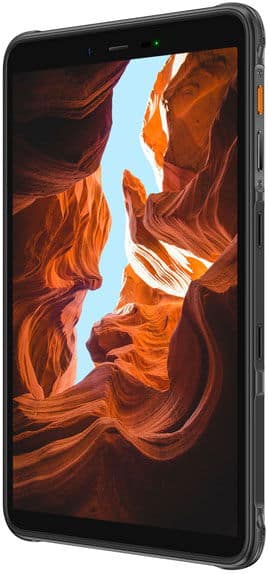 Rugged smartphone with canyon landscape on screen, angled to show side buttons and textured frame; rivals top tablets in durability.
