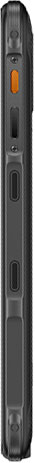Black vertical remote control with orange accent button and gray buttons arranged down its length