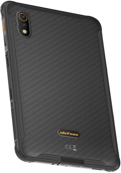 Rear view of black Ulefone device with single rear camera, flash, textured back, rugged edges, and side buttons.