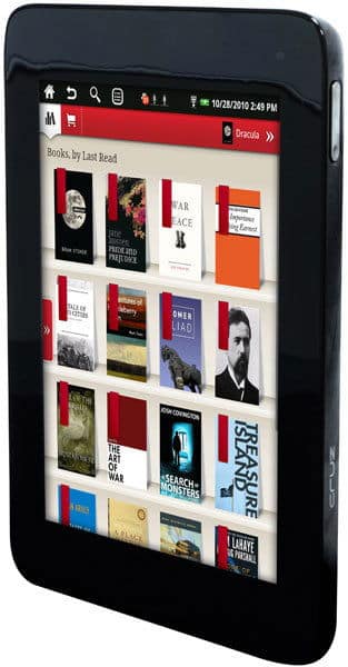 Front view of black tablet or e-reader showing digital bookshelf, book covers, top menu bar with icons, and time 2:49 PM.