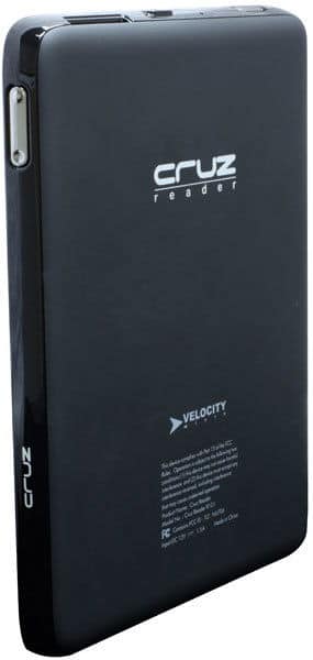 Rear view of black Cruz Reader e-reader showing Cruz logo, product info, Velocity branding, rounded edges, and side button.