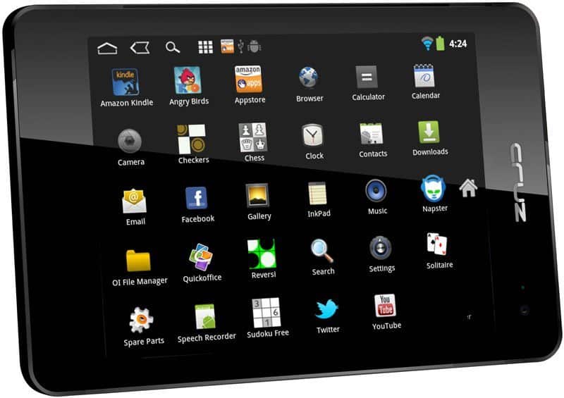 Front view of a black tablet showing home screen with app icons like Kindle, Angry Birds, Facebook, YouTube, and more.