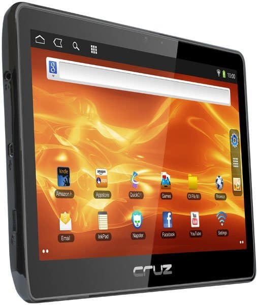 Front view of black Cruz tablet showing home screen with Kindle, Facebook, Email apps on orange-yellow background; time is 10:00.