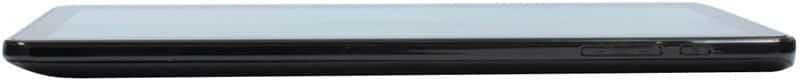 Side view of black tablet, slim profile with side buttons visible; screen surface partially shown on top. Brand/model unspecified.