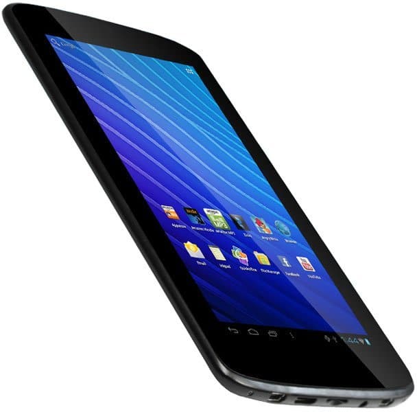 Black tablet at three-quarter front angle, blue home screen with app icons, sleek rounded edges highlights modern design.