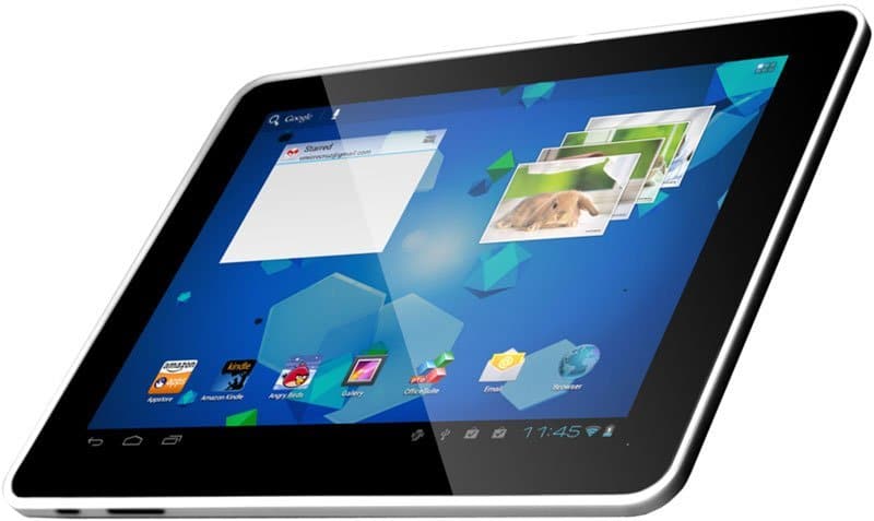 Tablet viewed from the right side angle, showing blue geometric wallpaper, app icons, open widgets, and time 11:45 on screen.