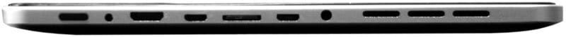 Bottom view of smartphone showing central charging port, right-side speaker holes, and left-side small ports or mic openings.