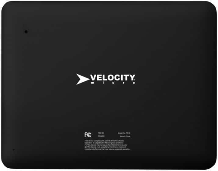 Rear view of black Velocity Micro tablet, showing center logo and T103 model info with regulatory details at the bottom.