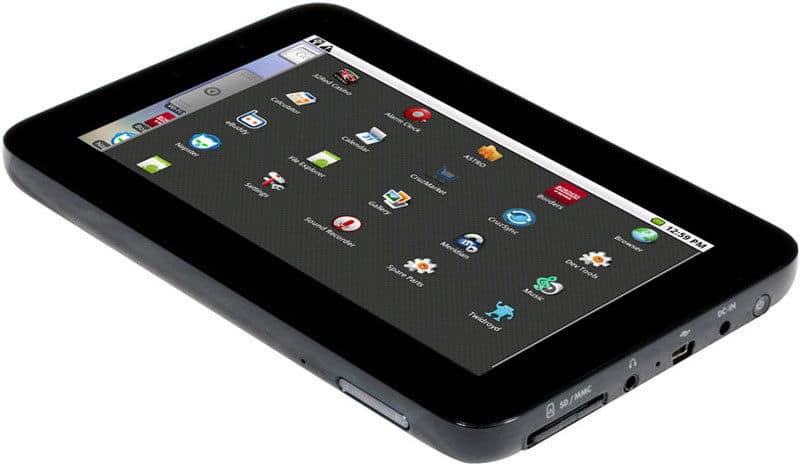 Angled front and side view of a black tablet showing app icons, with ports and buttons visible along the edge.