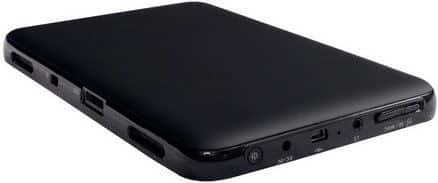 Black external hard drive on white surface, side view showing USB, micro-USB, and headphone jack ports.