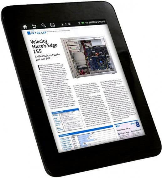 Front view of a black tablet, possibly iPad, displaying a tech article on the Velocity Micro Edge Z55 with internal component photo.