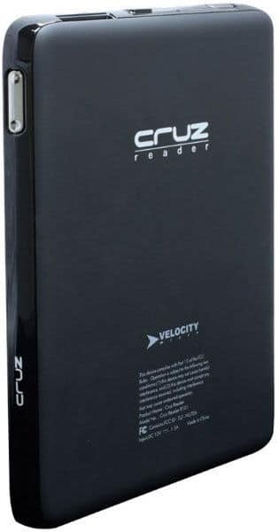 Cruz Reader e-reader in black, rear view at slight angle showing branding, product info, and regulatory text on back panel.