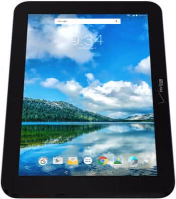 Front view of a black Verizon tablet with lake wallpaper, 9:34 on the home screen, and app icons along the bottom.
