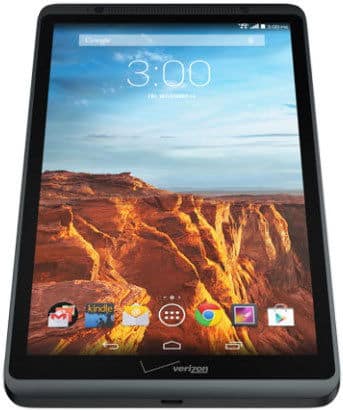 Front view of black Lenovo Vibe X2 Pro Verizon tablet showing home screen, app icons, and orange cliff wallpaper. Time: 3:00.