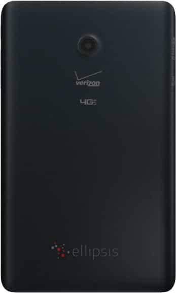 Rear view of Verizon Ellipsis tablet, black, with top camera, central Verizon 4G LTE logos, and "ellipsis" branding at bottom.