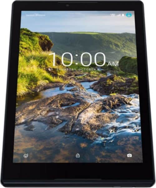 Front view of a black tablet, lock screen at 10:00 AM, Oct 8, scenic landscape wallpaper; brand/model not visible.