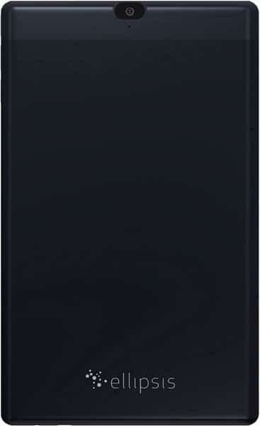 Verizon Ellipsis tablet rear view, black finish, top-centered rear camera, "ellipsis" branding and dotted logo at bottom.