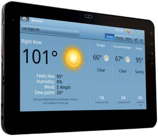 Front view of a tablet displaying a weather app: 101°F in Las Vegas, sunny, 8% humidity, E wind 4 mph, clear forecast ahead.