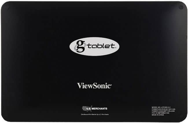 Rear view of black ViewSonic gTablet with centered logo; product details and manufacturer info in white text at bottom right.