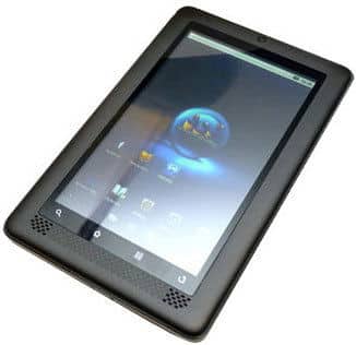 Black tablet, possible Samsung Galaxy Tab, angled front view showing home screen with apps and blue wallpaper on white background.